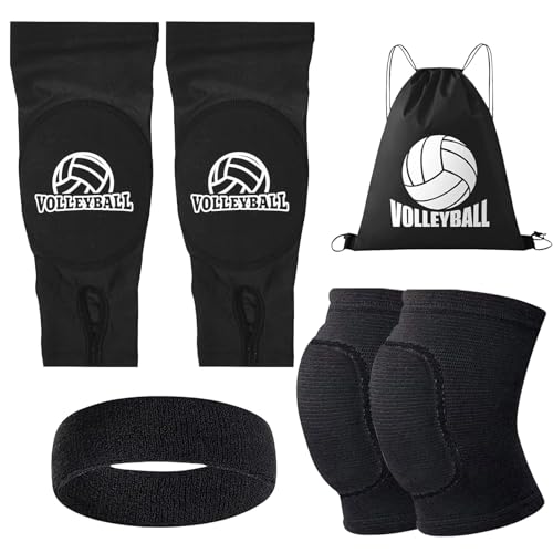 Set di Protezione per Pallavolo, 1 Paio di Copribraccia + 1 Paio di Ginocchiere, Fornito con una Fascia per la Testa e una Borsa con Cordino, per Anti-collisione per Calcio Pallavolo Basket