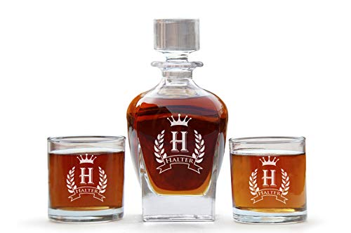 Crown & Leaf Design Decanter Set, Personalized Decanter Set With Glasses, Whiskey Decanter Set, Stylish Custom Decanter Set And Glasses