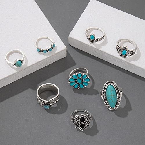Long Tiantian Turquoise Ring Set For Women Vintage Western Rings Jewelry Bohemian Summer Beach Rings For Teen Girls Silver Turquoise Knuckle Stacking Rings(Set C) #TOP3