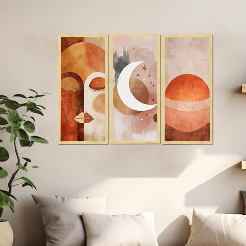 Image of PAINTINGMANTRA Abstract Face & Celestial Framed Wall Art Set of 3 | Modern Boho Art Prints with Engineered Wood Frame | Wall Decor for Living Room, Bedroom & Office, 8.9x18.9 Inch