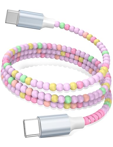 Image of USB C to USB C Cable 3FT,60W Fast Charging Beaded Charger Cord for iPhone 17 16 15 Pro Max /iPad Pro Air 11th for Samsung S26 S25 S24 Ultra S23 A16 /Android Phone Charger Cord Cute Girl Women,Pink-Green