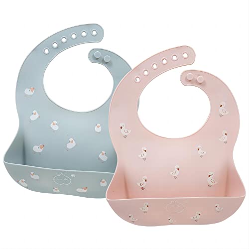 Image of Little Dimsum Silicone Baby Bibs Soft Comfortable Baby Food Bibs Waterproof Feeding Bibs Toddlers Adjustable Silicone Bibs Baby with Food Catcher Easy Wipes Clean,Duck&sheep