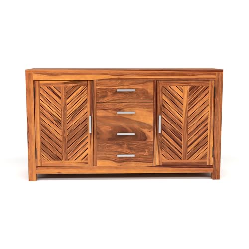 Image of Solid Sheesham Wood Sideboard Cabinet with 4 Drawers & 2 Doors | Rosewood Storage Cabinet for Living Room, Dining Room & Office (Honey Finish)