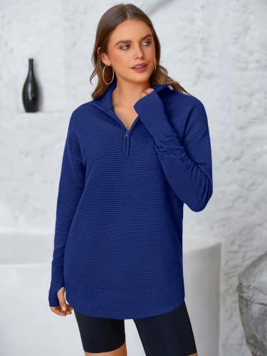 Image of PRETTYGARDEN Womens Long Sleeve Quarter Zip Pullover Sweater | Casual Loose V Neck Sweaters with Thumb Hole, Collared Ribbed Knit Jumper Tops, Oversized Tunic Tops, Fall Outfits 2026