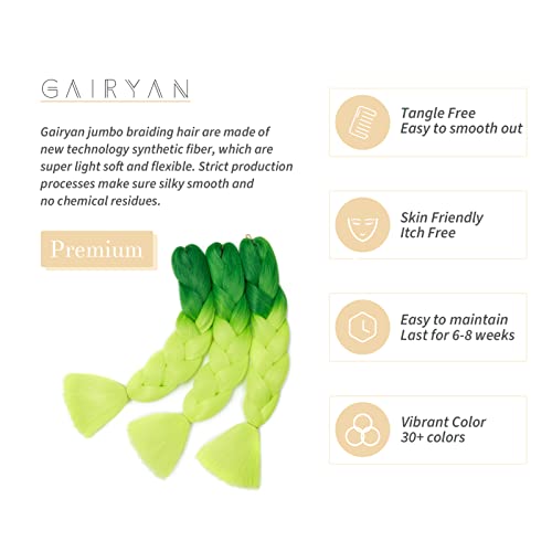 Gairyan Braiding Hair Extensions Ombre Jumbo Braids Synthetic Hair 3 Packs 24 inches 300g Coloured Hair for Braiding Extensions Box Braids Crochet Twist (Dark Green-Yellow Green) - Image 3