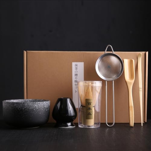 Demanca 抹茶セット 初心者向け6点 茶道入門 お茶セット 天然竹 茶筅・竹茶さじ・竹スプーン・抹茶茶碗・抹茶ホイッパー(泡立て器) 伝統茶道用品 抹茶作りに最適 ギフト (ブラック)