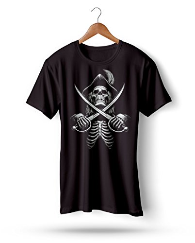 LuckyTshirt Black Tshirt Pirate Skull Gothic Ornament Fantasy Skeleton Papo Head Figure Tankards - M