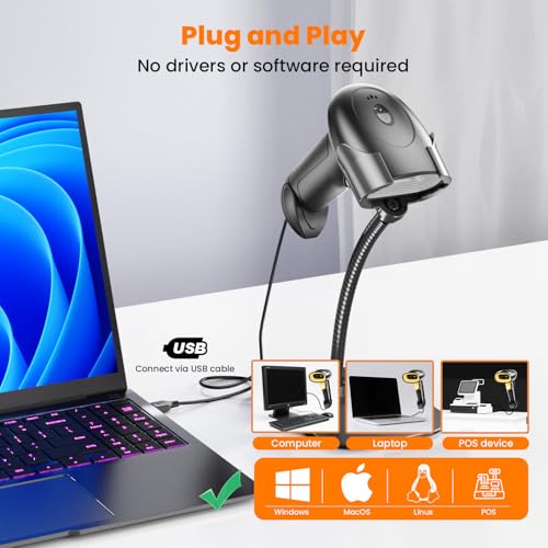 Image of HIROBOT QR 2D 1D Barcode Scanner with Stand, USB Handheld Barcode Reader Compatible with QR Code & Barcode, Camera Button Scan /Induction and Continuous Automatic Scan (BlackGrey)