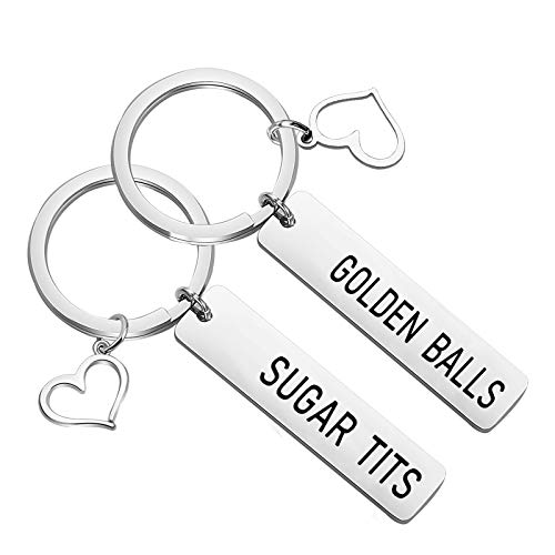 Image of CENWA Funny Couples His and Her Keychain Set Golden Balls Sugar Tits Anniversary Wedding Jewelery Inappropriate Jewelery (golden balls sugar tits K)