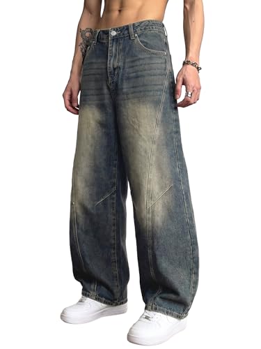 Image of JMIERR Men's Barrel Jeans Baggy Wide Leg Y2K Twisted Seam Relaxed Fit Hip Hop Denim Pants Casual Streetwear