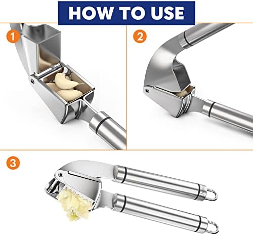 ORBLUE Garlic Press, Stainless Steel Mincer and Crusher with Garlic Rocker and Peeler Set  Professional Grade, Dishwasher Safe, Rust-Proof