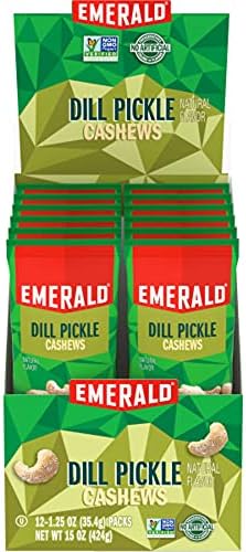 Emerald Nuts Dill Pickle Seasoned Cashews 12 Ct (1-Pack), 1.25 Oz Individual Snack Tubes, Kosher Certified, Non-GMO, Contains No Artificial Preservatives, Flavors or Synthetic Colors