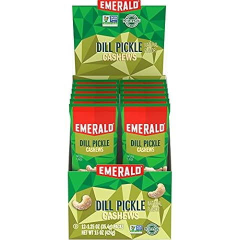 Emerald Nuts Dill Pickle Seasoned Cashews 12 Ct (1-Pack), 1.25 Oz Individual Snack Tubes, Plant-Based Protein, Kosher Certified, Non-GMO, Contains No Artificial Preservatives, Flavors or Synthetic Colors Cover