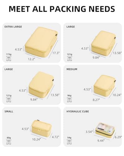6 Set Compression Packing Cubes for Travel, Large Medium Small Luggage Organizers (Bright Yellow)4