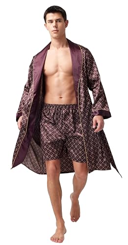 Image of TONY AND CANDICE Men's Satin Robe Lightweight Long Sleeve Silk Kimono Bathrobe with Shorts Set Sleepwear