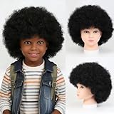 LQVEAIR Hippie Small Afro Wigs for 1-8,Adjustable Afro Kinky Costume Wig 115Gram Natural Black Synthetic Disco Wigs for Daily And Theme Party(Small,1B)