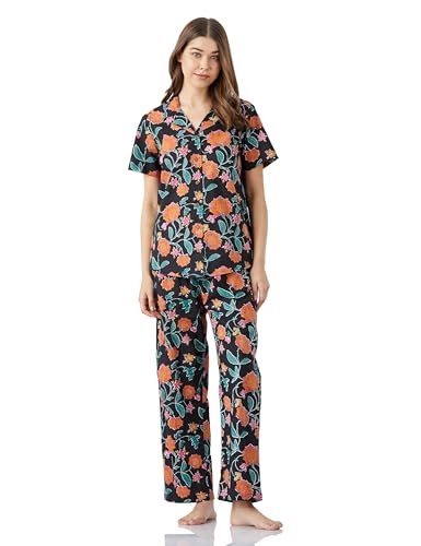 Image of Amazon Brand - Myx Women Cotton Shirt and Relaxed Pajama Set | Night Suit Set (Available in Plus Sizes)