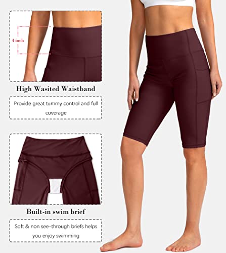 Image of SANTINY Women's High Waisted Swim Shorts with Pockets UPF50+ Long Board Swimming Shorts for Women with Liner