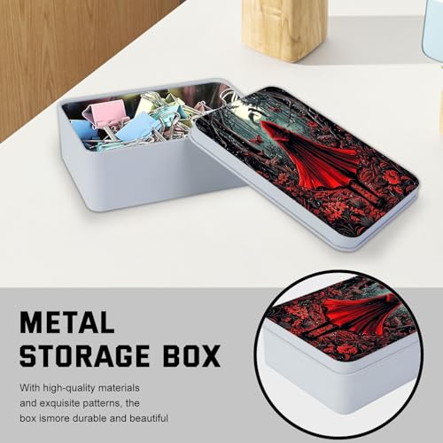 Image of Metal Tin Box with Lid,Multi-functional Storage Box Can Store Tea Biscuits Game Cards, Playing & Tarot Cards-Comes with 4 Magnetic Cord Clips,Red Hood in Forest