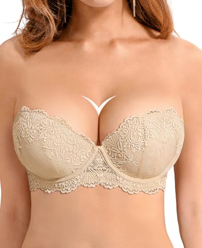Image of Women's Strapless Push Up Bra Convertible Multiway Lace Padded Underwire Bras with Clear Straps