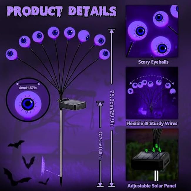 Halloween Outdoor Decorations, 2 Pack 16 LED Eyeball Solar Garden Lights, 8 Modes Scary Halloween Lights Waterproof for Yard Garden Lawn Pathway Party Decorations (Purple)