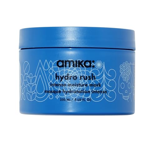 amika hydro rush intense moisture hair mask - hydrating hair care for dry + textured strands - deep conditioner enriched with hyaluronic acid + squalane - provides long-lasting hydration (250 ml)