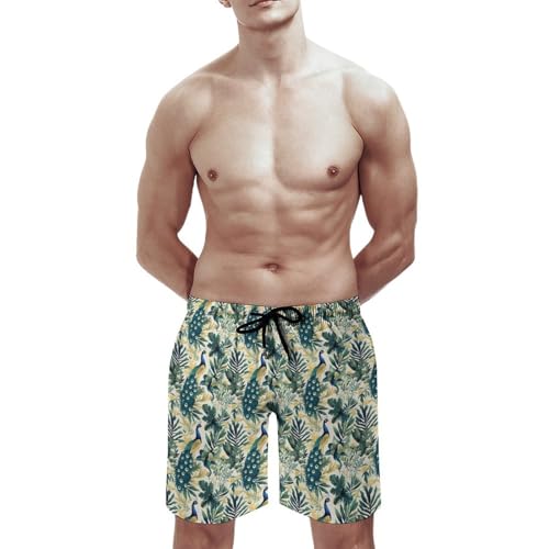 Green Plant Peacock Print Mens Swim Trunks, Quick Dry Swim Shorts with Mesh Lining Swimwear Bathing Suits2