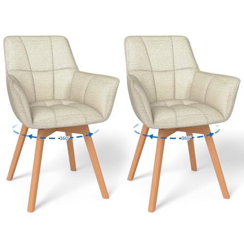 LONGTOO Swivel Dining Chairs Set of 2, 360° Swivel Chair with Armrests, Wooden Legs, Upholstered Chair for Dining Room, Living Room, Kitchen, Bedroom, Beige