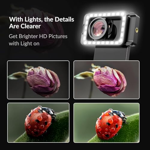 15X Phone Macro Lens with LED Fill Light, 15X Macro Lens + 17mm Thread Lens Adapter for iPhone 15/15Pro/15Pro Max, Samsung, Android Phone (Fits for Almost Phone)