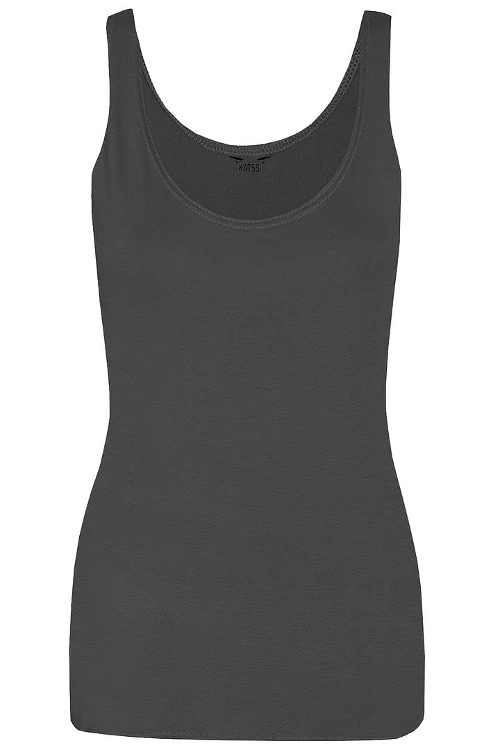 New Ladies Women Solid Wide Shoulder Tall Vest Scoop Neck Tank Top Charcoal
