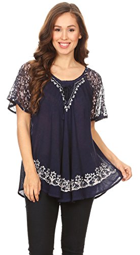 Image of Sakkas Ash Speckled Tiedye Embroidered Cap Sleeve Blouse Top with Embroidery Hems