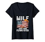 MILF Man I Love Flying Kites Hang Gliding Kiter Kitesurfer Camiseta Cuello V