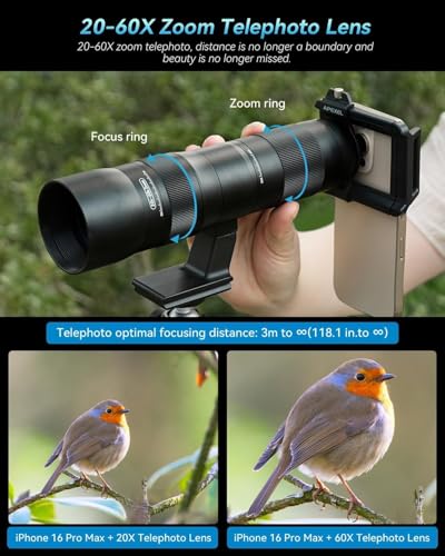 Image of 20-60X Zoom Telephoto Lens, Evil Eye High Power HD Telephoto Phone Lens with Tripod and Universal Phone Clip for iPhone 16 /15 /14 /13 Series, Samsung, Android Phone and Most Smartphone