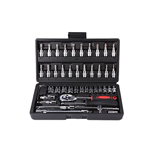 Hniuyun 46 Pieces 1/4 inch Drive Socket Ratchet Tool Set, with Bit Socket Set Metric and Extension Bar for Auto Repairing and Household, with Storage Case
