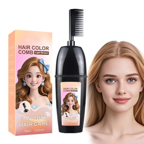 3-In-1 Herbal Hair Coloring Comb | Easy Hair Coloring At Home With Built-In Brush | Retro Red 200ml No Mix Ammonia-Free Covers Grays & Nourishes With Argan Oil & Ginseng (Light Brown)