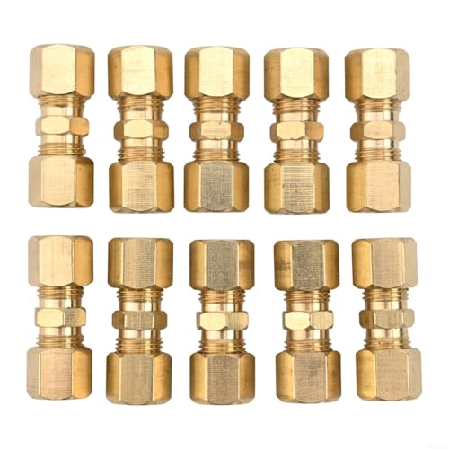 Yhenlovtt Lot de 10 raccords à compression droits en laiton pour tuyaux de 0,6 cm, 5/16, 3/8 – Pièces de rechange pour conduites hydrauliques, de carburant et de frein (1/4)