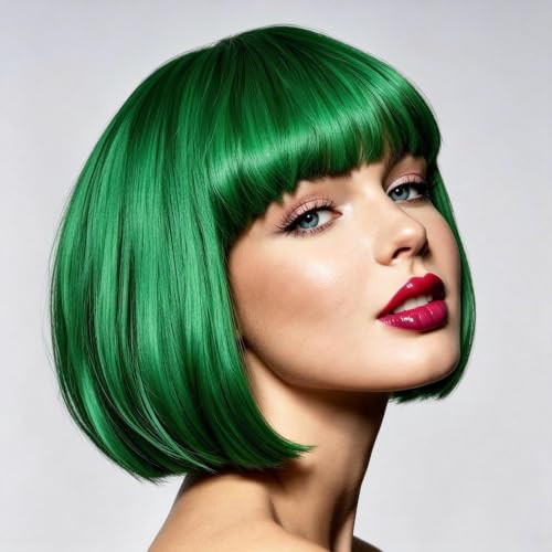 YOUNIGA Short Bob Wigs With Bangs Green Bob Wig Synthetic Hair 12 Inch Daily Cosplay Wig (Dark Green)