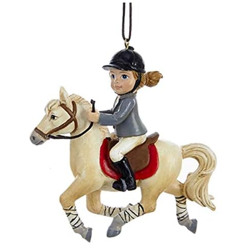 Country Marketplaces Equestrian Brunette Girl on White Horse Riding Ornament Full Body Figurine of Young Girl on a Horse Hangs on Christmas Tree of Any Horseback Riding Fan 3.5" Cover
