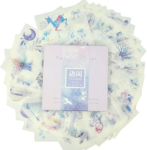 Cute Washi Paper Stationery Sticker Set (50 Pieces/Box) Blue Color Fiary World Balloon Diamond Deer Horse Starlight Feather Decoration Label for Scrapbooking Diary Book Planner Album (Dreaming World)