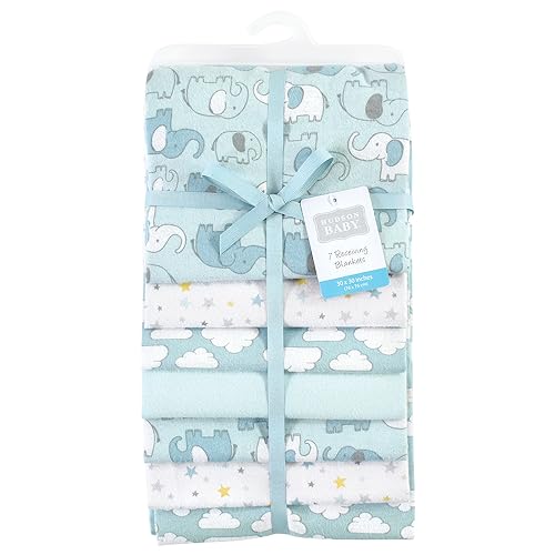 Image of Little Treasure Hudson Baby Cotton Poly Flannel Receiving Blankets Multipack, Mint New Elephant, 30x30 inches