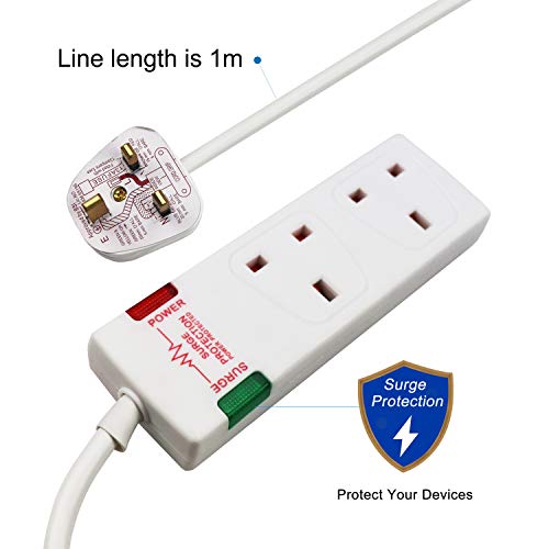 ExtraStar-2-Way-Double-Socket-Power-Mains-Extension-Lead-1M-Metre-Cable-Surge-Protected-British-Approved-13A-White