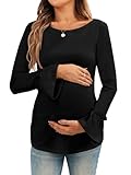 FMEYOA Women's Maternity Shirts Bell Sleeve Pregnancy Tops Casual Boat Neck Maternity Clothes Black