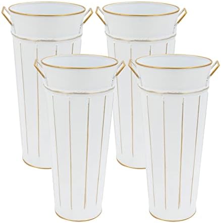 AULESET Galvanized Vase 12" Metal Flower Bucket Tin Vases for Home Decor,Farmhouse,Set of 4,White