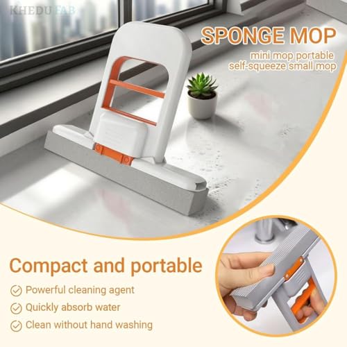 Image of Mini Foldable Desktop Mop For Kitchen - Self‑Squeeze Sponge Mop for Wet & Dry Use - Portable Cleaning Tool - Kitchen, Bathroom, Glass, Living Room (1 Squeeze Handle + 2 Sponge Head)