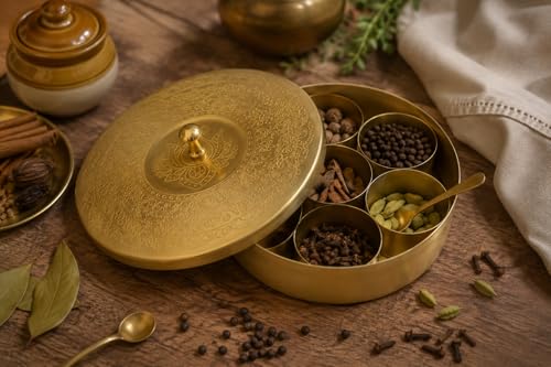 Image of Pure Brass Small Masala Box (6 Inch) with Lotus Design, Handcrafted Spice Box with 7 Containers & Spoon, Mukhwas Box, Kitchen Storage, Round Brass Masala Dani, Diwali & Housewarming Gift