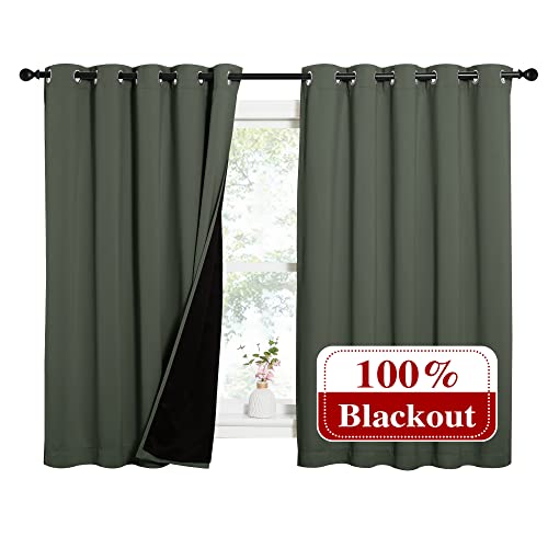 Image of NICETOWN Dark Mallard 100% Blackout Lined Curtains, 2 Thick Layers Completely Blackout Window Treatment Thermal Insulated Drapes for Kitchen /Bedroom (1 Pair, 62 inch Width x 63 inch Length Each Panel)
