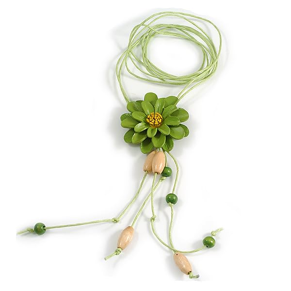 Collier cordon coton vert réglable avec pendentif fleur cuir et pompons bois Avalaya