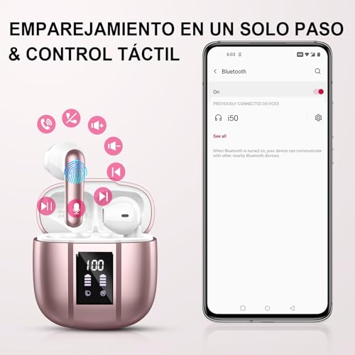 Renimer-Auriculares-Inalambricos-Bluetooth-Auriculares-Bluetooth-53-48-Horas-Estereo-HiFi-con-Reduccion-de-Ruido-IP7-Impermeable-Cascos-Inalambricos-Comodidad-Ligera-Carga-Rapida-USB-COro-Rosa