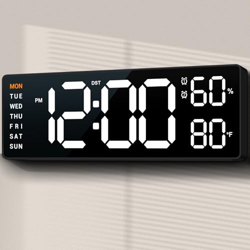 ANSOPER 10' Digital Wall Clock: Large LED Display with Dual Alarm, Humidity, Auto-Dimming, Big Numbers Desk Clock Decor for Classroom Office Bedroom Seniors White