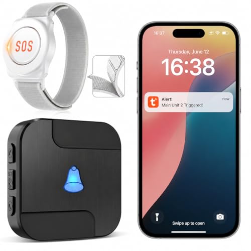 CallToU Tuya WiFi Personal alarms for elderly Waterproof elderly alarm call button System with 1 Wrist button & Receiver - Connects to Phone Ideal for Seniors Disabled Kidsonly Supports 2.4GHz WiFi